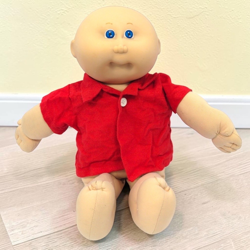 VTG 80s Coleco Cabbage Patch Kids Doll Bald Blue Eyes Red Shirt Soft Body 1982